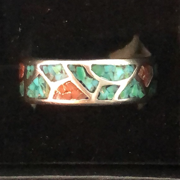 Southwest Native Sterling Silver Crushed Turquoise Coral Mosaic Ring Sz 12-1/2 - Picture 13 of 17